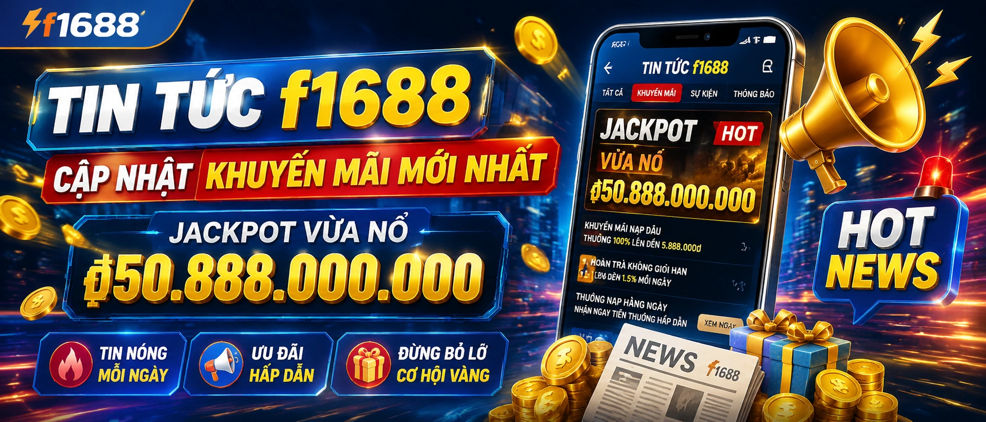 Giao diện tin tức F1688 hiển thị khuyến mãi và cập nhật mới